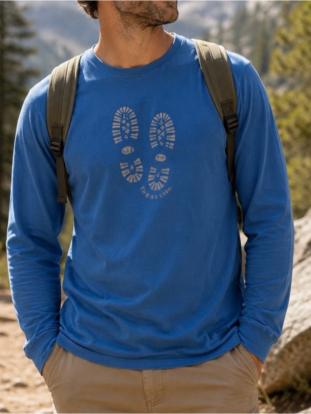 Life Is Good Blue Hiking Boot Graphic Long Sleeve‎ Tee L Outdoor Gorpcore